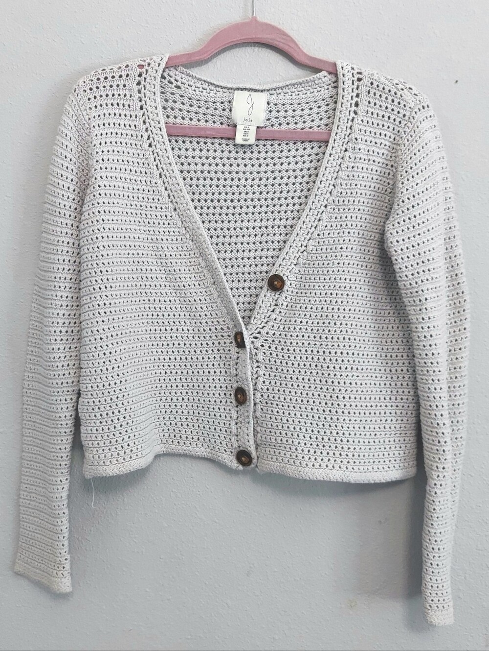 Joie Open Knit Cropped Cardigan Sweater Women Light Gray Small Coastal Grandma